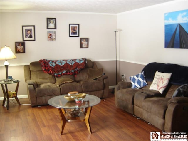 living room featuring crown molding and hardwood / wood-style flooring