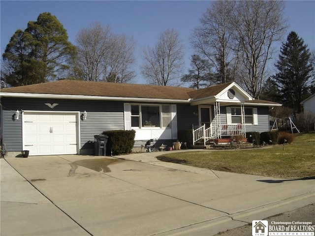 ranch-style home with driveway, a front lawn, and a garage