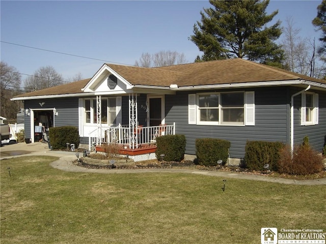 single story home featuring a front lawn, covered porch, and a shingled roof