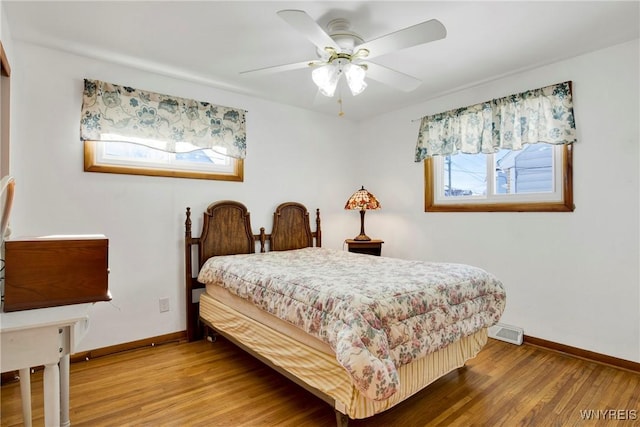 bedroom with ceiling fan and wood-type flooring