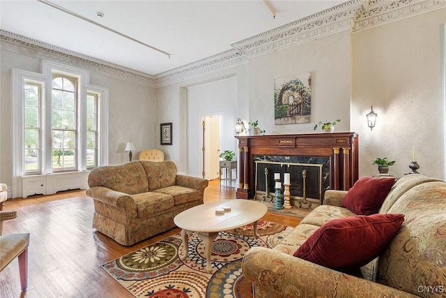 living room with ornamental molding, hardwood / wood-style floors, and a high end fireplace