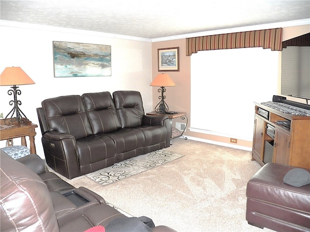 carpeted living room featuring ornamental molding and a textured ceiling