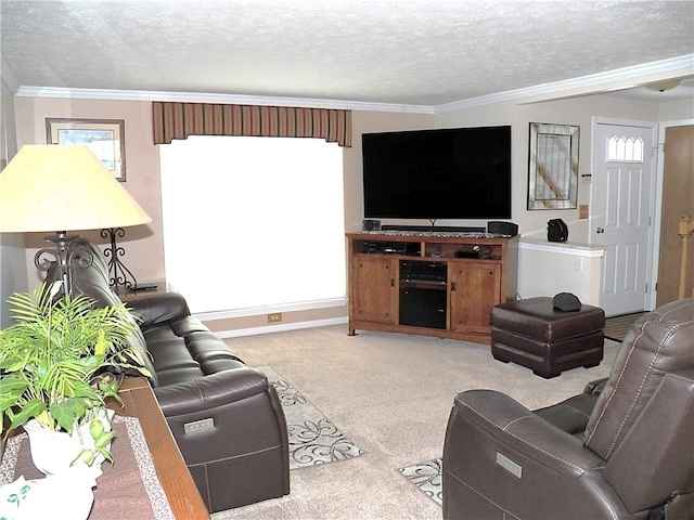 living room with ornamental molding, carpet flooring, and a textured ceiling