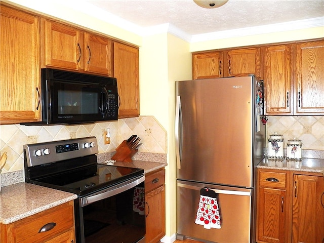 kitchen with stainless steel appliances, tasteful backsplash, and crown molding