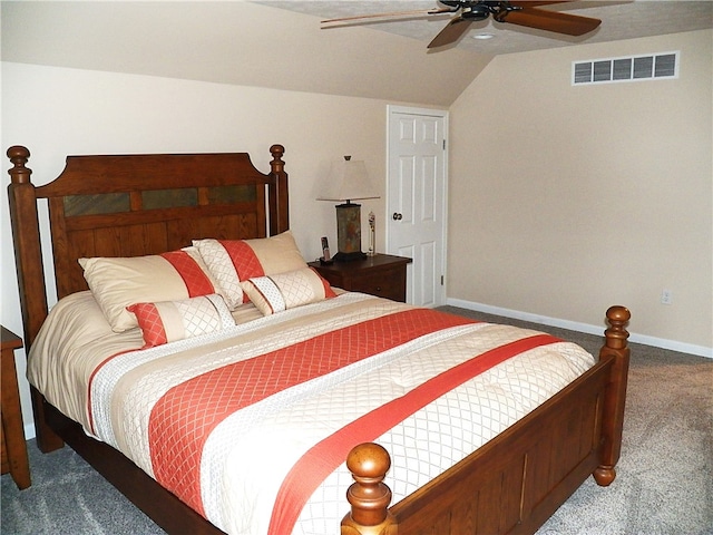 carpeted bedroom featuring vaulted ceiling and ceiling fan