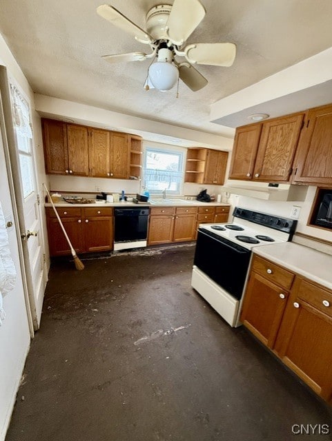 kitchen with ceiling fan, white range with electric cooktop, black dishwasher, and sink