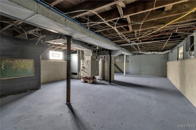 basement featuring heating unit