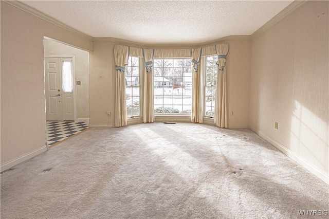 carpeted empty room with ornamental molding and a textured ceiling