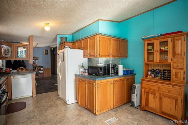 kitchen with crown molding, backsplash, white appliances, and a textured ceiling