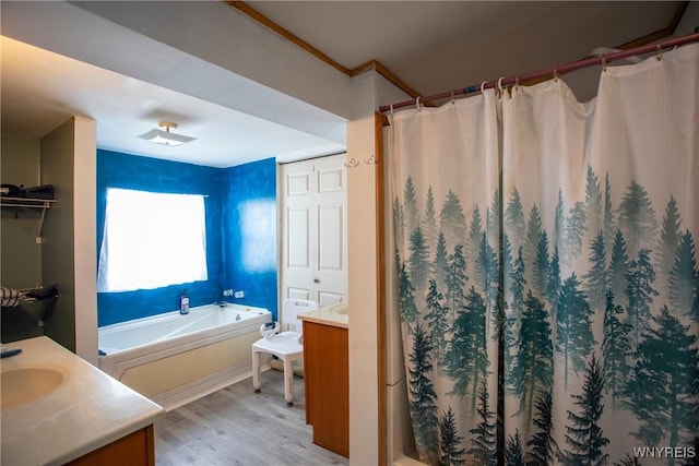 bathroom featuring vanity, wood-type flooring, and plus walk in shower