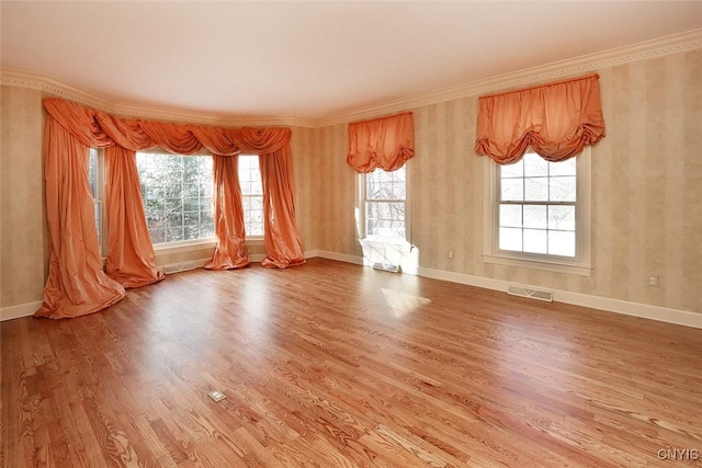 empty room featuring wood-type flooring and ornamental molding