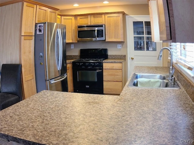 kitchen with appliances with stainless steel finishes, sink, and light brown cabinetry