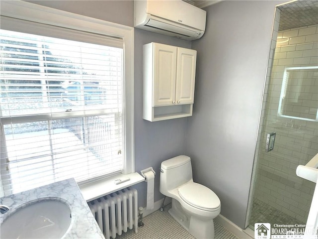 bathroom featuring tile patterned floors, toilet, an enclosed shower, an AC wall unit, and radiator heating unit