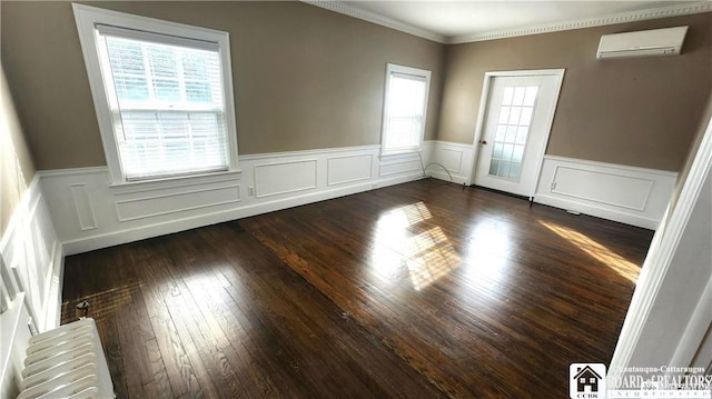 unfurnished room featuring dark hardwood / wood-style flooring, radiator, plenty of natural light, and a wall mounted AC