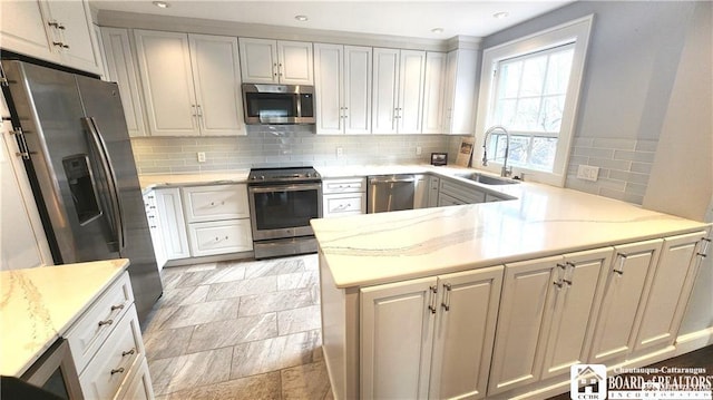 kitchen featuring sink, backsplash, stainless steel appliances, white cabinets, and kitchen peninsula