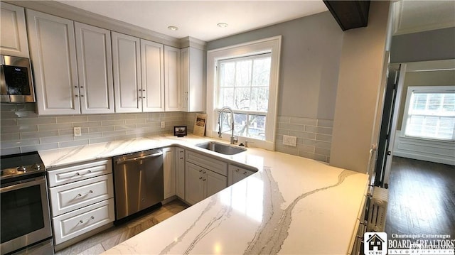 kitchen with stainless steel appliances, sink, a wealth of natural light, and light stone counters