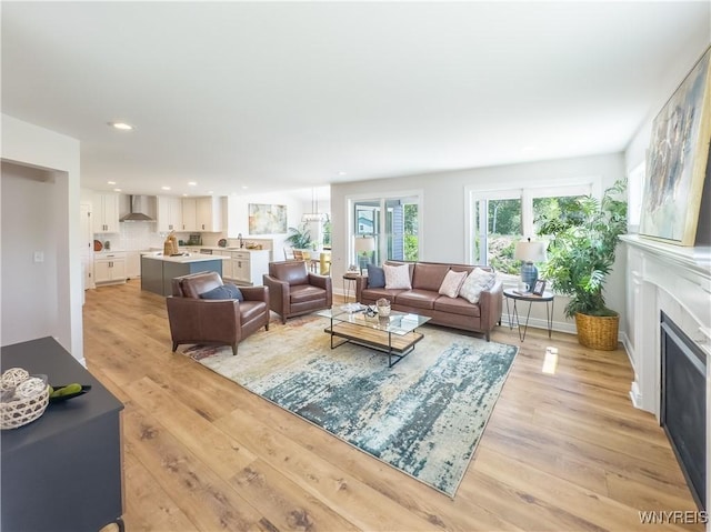 living room with sink and light hardwood / wood-style flooring