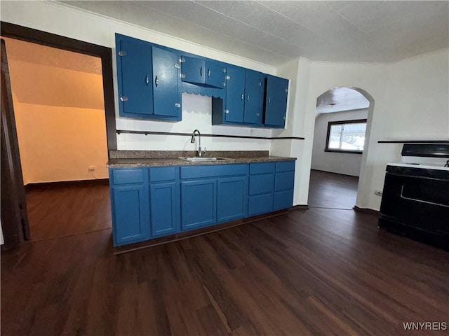 kitchen with blue cabinets, sink, range, and dark hardwood / wood-style flooring