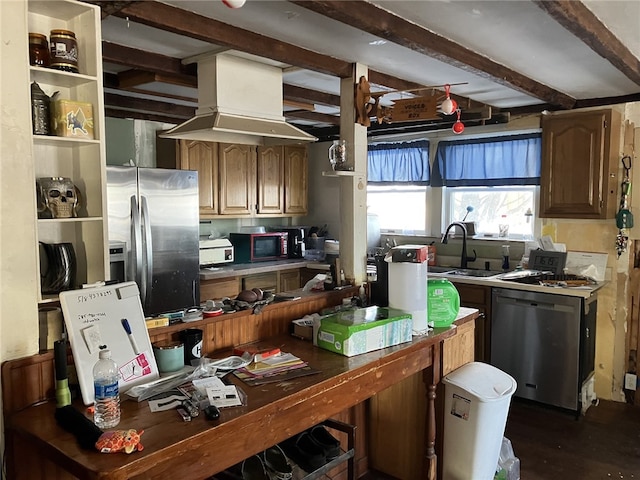 kitchen featuring island exhaust hood, stainless steel appliances, beam ceiling, and sink