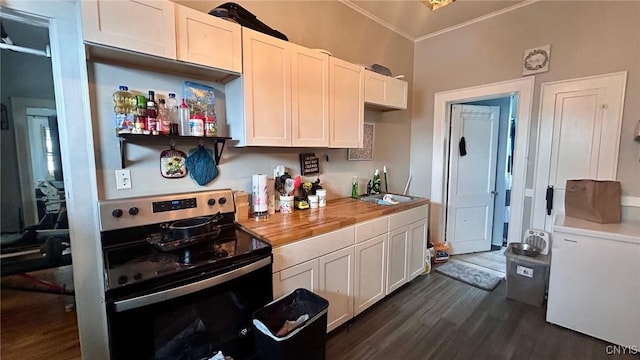 kitchen featuring electric range, white cabinets, wooden counters, fridge, and dark wood finished floors