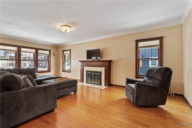 living room with ornamental molding and light hardwood / wood-style flooring