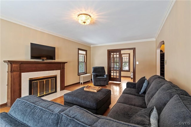 living room featuring french doors, crown molding, radiator heating unit, and light hardwood / wood-style flooring