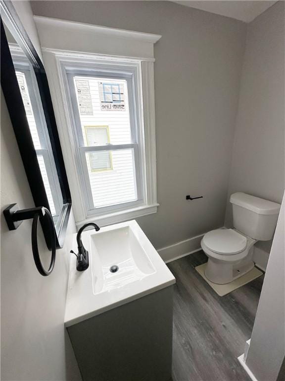 bathroom featuring vanity, wood-type flooring, and toilet