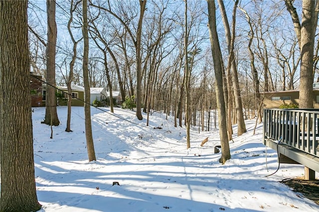 yard layered in snow with a wooden deck