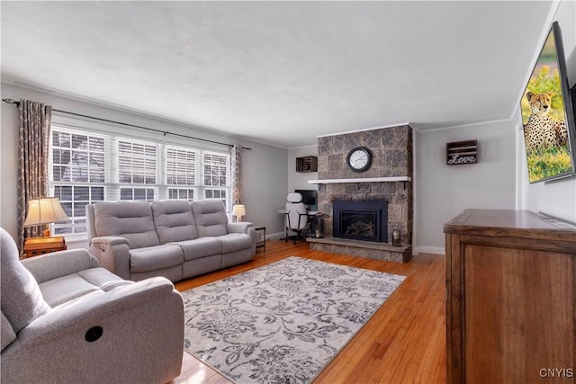 living room featuring a stone fireplace and light wood-type flooring