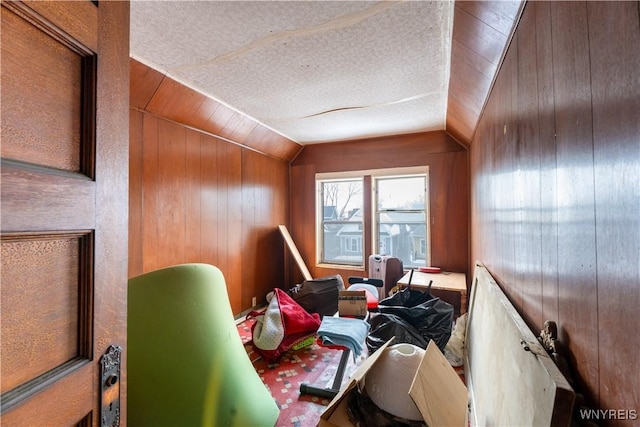 miscellaneous room featuring wooden walls, vaulted ceiling, and a textured ceiling