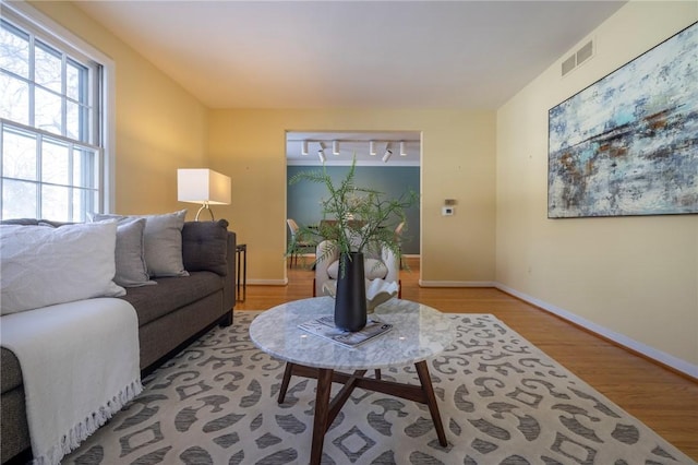 living room featuring rail lighting and light hardwood / wood-style floors