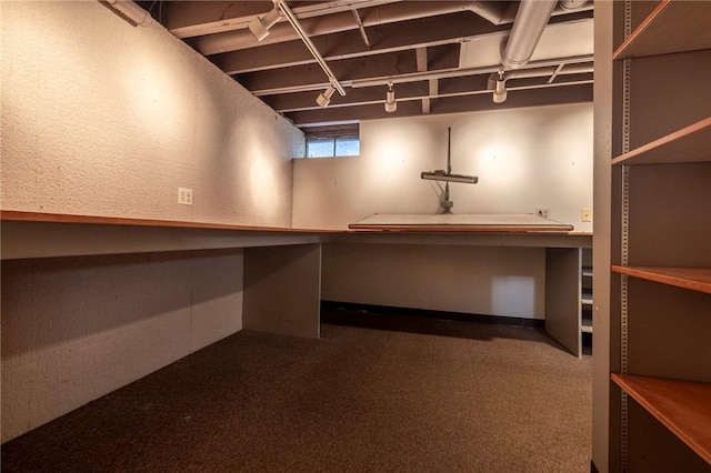 basement with rail lighting and carpet flooring