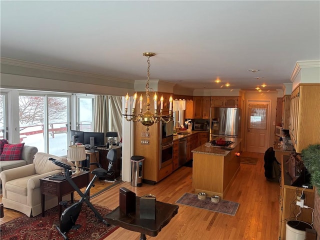 kitchen with appliances with stainless steel finishes, sink, hanging light fixtures, ornamental molding, and light wood-type flooring