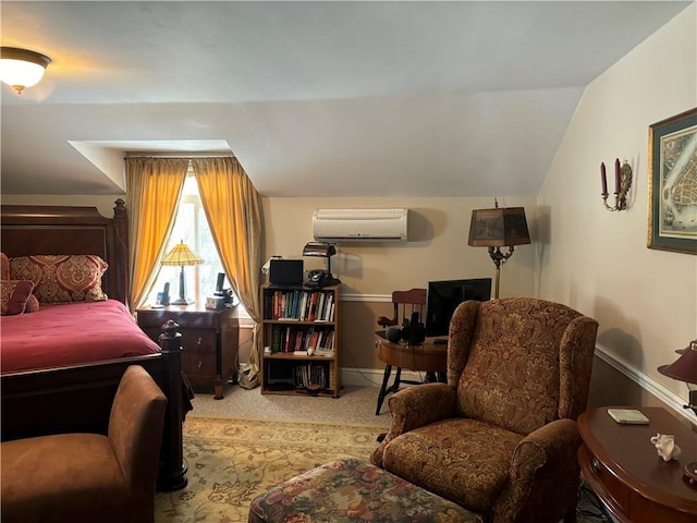 bedroom with light carpet, vaulted ceiling, and an AC wall unit