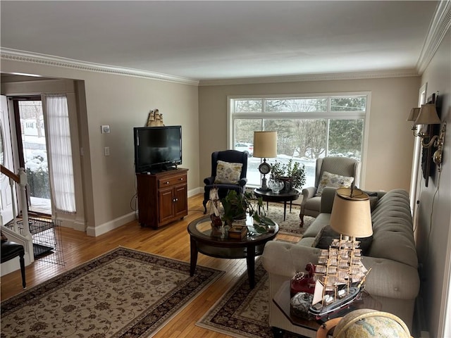 living room featuring crown molding and light hardwood / wood-style flooring