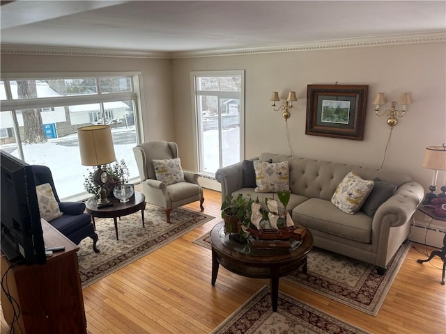 living room with crown molding, light wood-type flooring, and baseboard heating