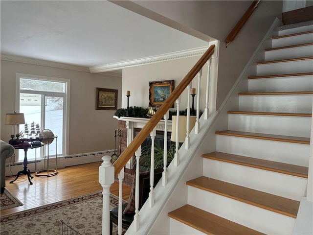 stairs with crown molding and wood-type flooring