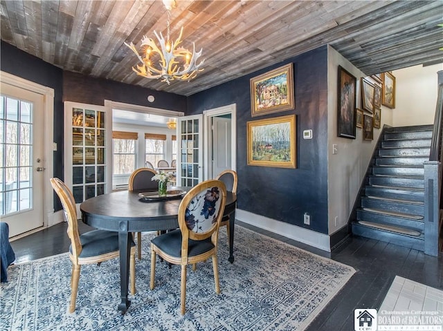 dining space with a notable chandelier, wood ceiling, and dark hardwood / wood-style floors