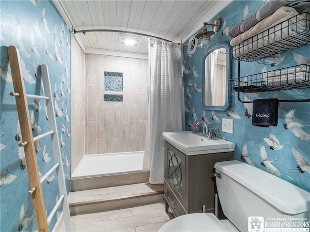 bathroom with vanity, wooden ceiling, toilet, and a shower with shower curtain