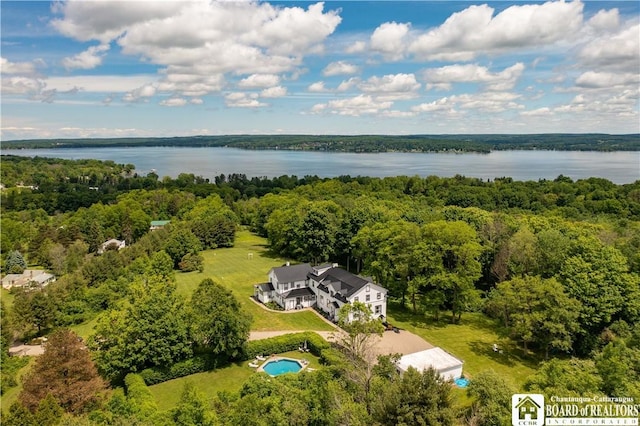 drone / aerial view with a water view