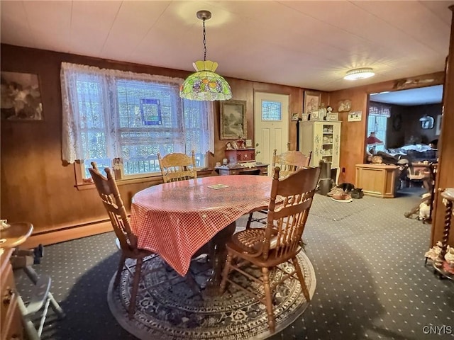 carpeted dining area with wooden walls