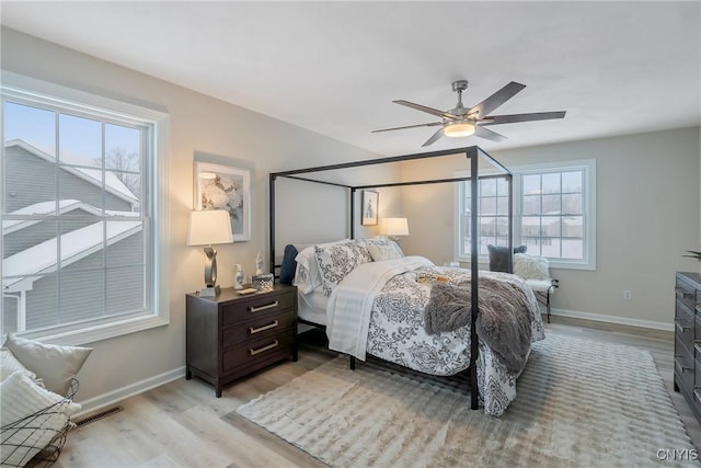 bedroom with light hardwood / wood-style floors and ceiling fan