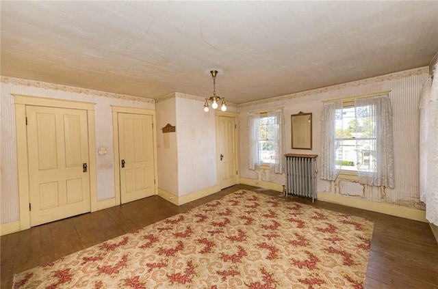 entrance foyer featuring dark wood-type flooring and radiator heating unit