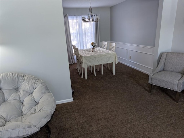 carpeted dining area featuring an inviting chandelier