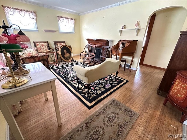 sitting room with crown molding and wood-type flooring