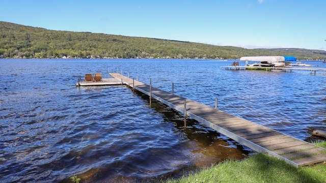 view of dock with a water and mountain view