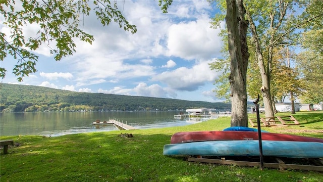 view of water feature featuring a mountain view and a dock