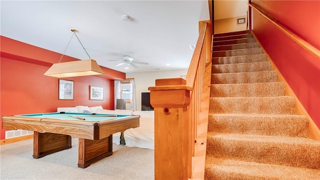 rec room with ceiling fan, billiards, and carpet flooring