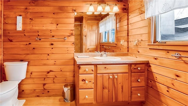 bathroom featuring vanity, wooden walls, and toilet