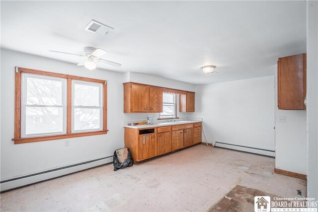 kitchen featuring ceiling fan, sink, and a baseboard heating unit